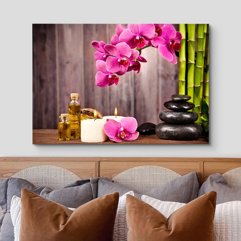 Zen Zen Stone, fleurs d'orchidées roses, huile de bain, galets de bambou, lessive, photographie de salle de bain