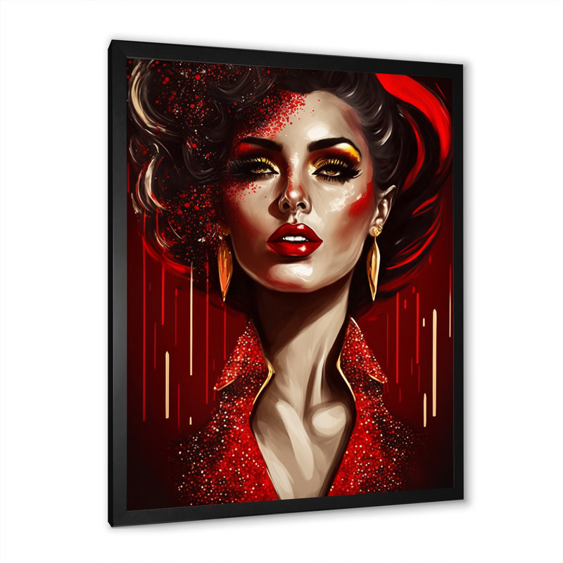 Ravissante femme en rouge II - impression, Cadre d'angle fermé noir, H 20 po x l 12 po x P 1 po