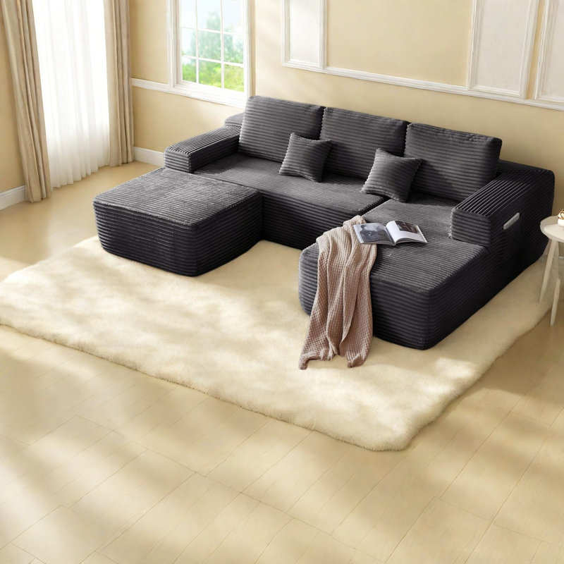 Canapé modulaire moderne en U gris, tissu d'ameublement moelleux et canapé de salon spacieux
