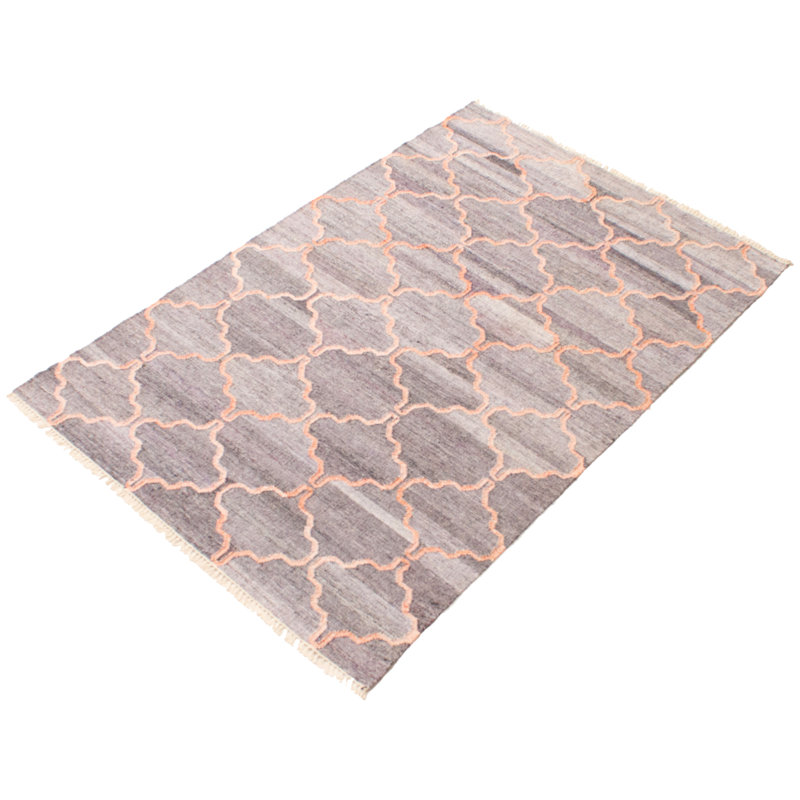 Tapis gris / orange en laine tissé à plat à la main à motif géométrique