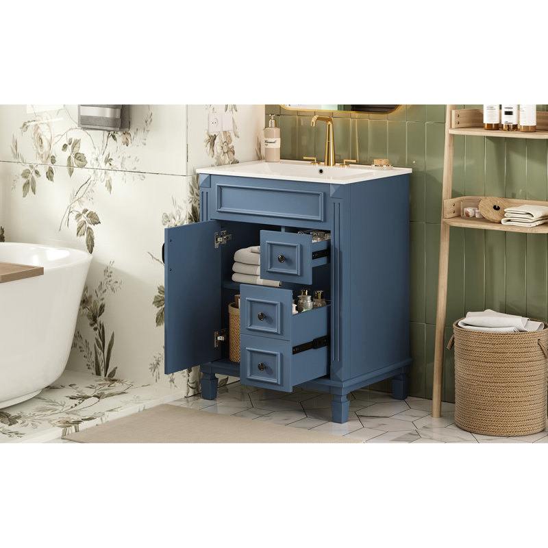 Meuble-lavabo 24 po avec lavabo en céramique, rangement intelligent pour les petites salles de bain, 2 tiroirs, tablette réglable, lavabo