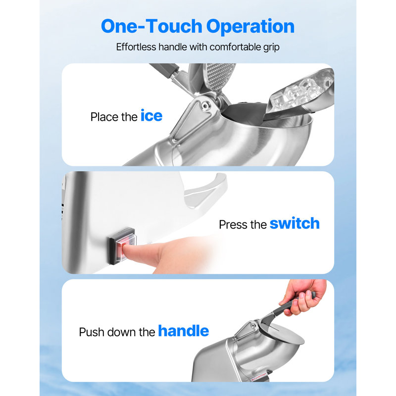 Ice Crusher Machine, 143lbs Per Hour Electric 2 Blades Snow Cone Maker, 300W 2000RPM Ice-Shaver for Home and Commercial Use, Stainless Steel Shaved Ice Machine with Bowl and Cover, Silver