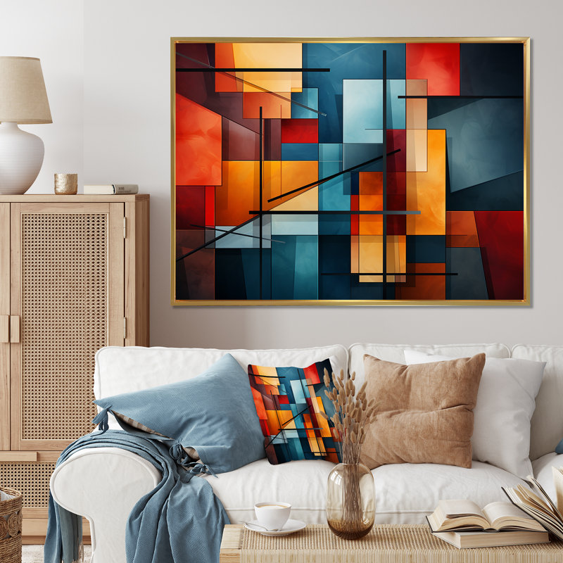 Cubisme éclatant collage - art mural cubisme, Cadre flottant doré, H 24 po x l 32 po x P 1 po