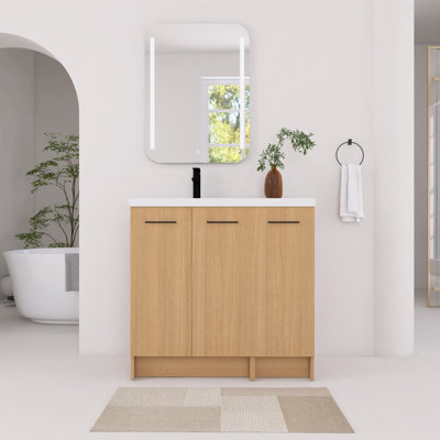 Ensemble de meuble-lavabo sur pied 36 po avec lavabo en résine blanche, portes à fermeture en douceur