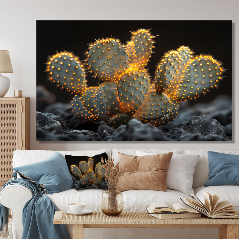 Cactus jaune, jaune, noir, coucher de soleil, Toile tendue, H 40 po x l 60 po x P 1,5 po