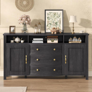 Buffet Buffet, armoire de rangement courbée Farmhouse avec 2 portes et 3 tiroirs, gris foncé