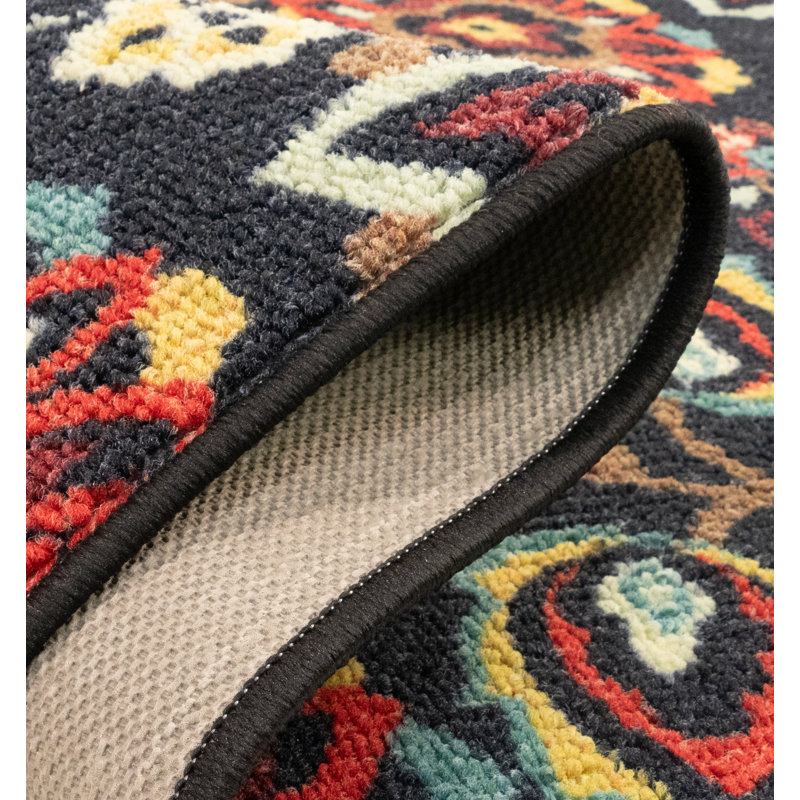Custom Size Runner Rug Berber Style Floral Black Low Pile Slip Resistant Runner Rugs by Feet, Runner 2'2" x 8'