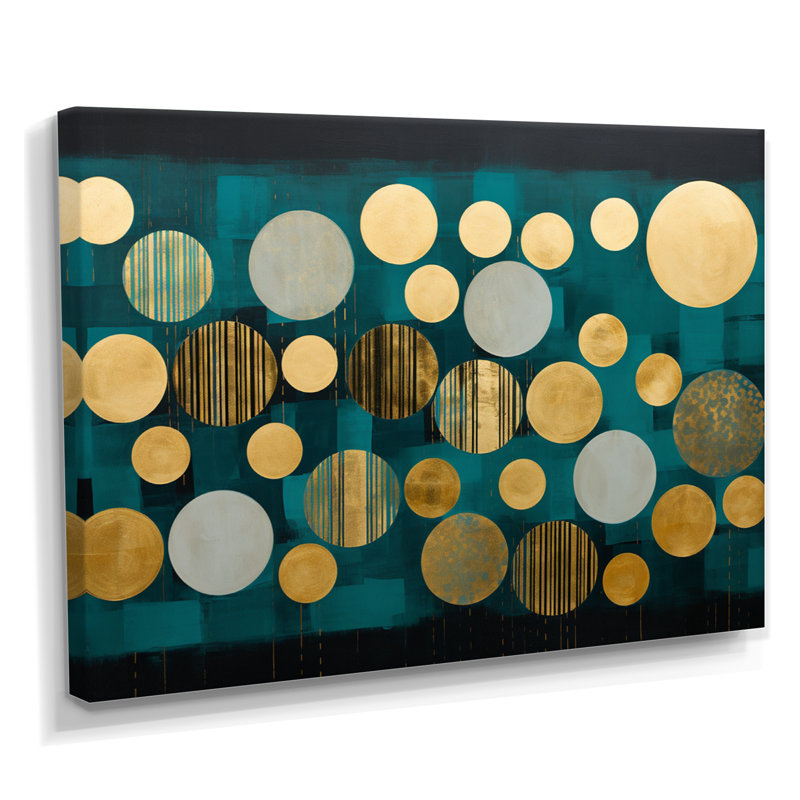Golden Circles Dance On Teal Blue - Art mural géométrique abstrait, H 30 po x l 40 po x P 1,5 po, Toile tendue