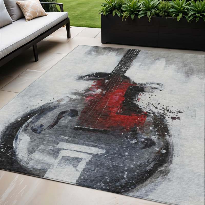 5' X 8' Grey Charcoal And Red Abstract Washable Indoor Outdoor Area Rug