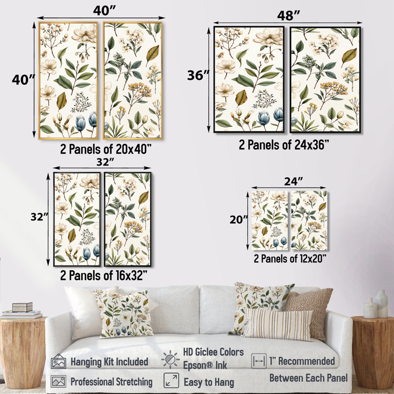 Botanique esquissé - art mural bohème et éclectique beige, 2 pièces, H 32 po x l 32 po, Impression encadrée flottante, Noir