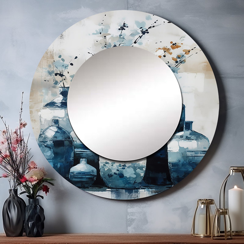 Skyelar bleu et crème Bohème Vibes Pottery I - miroir de poterie Boho, miroir mural rond traditionnel, 23 po x 23 po