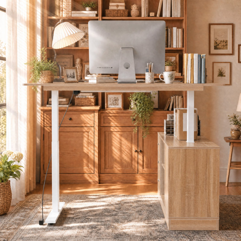 Bureau ergonomique assis-debout avec contrôleur de mémoire, Burlywood / blanc