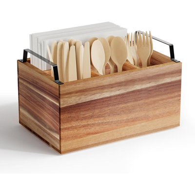 Acacia Wood Utensil Holder, Wooden Silverware Caddy for Party, Wooden Silverware Caddy Organizer