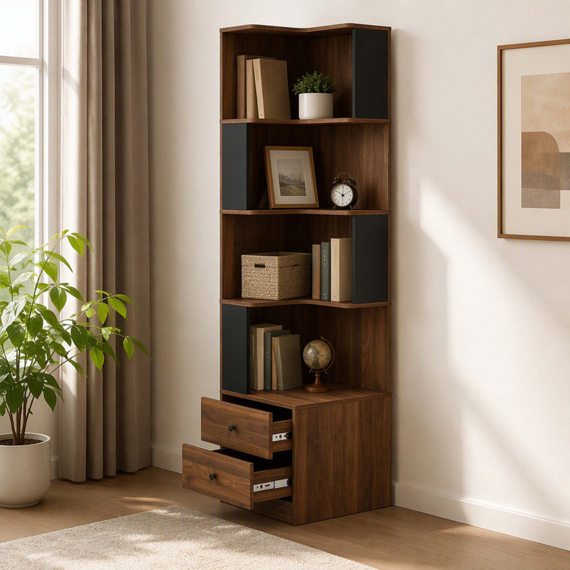 Bibliothèque de coin autoportante en L avec tiroirs et déflecteur, présentoir de coin à 4 niveaux avec lumières DEL pour le bureau à domicile, le salon, la chambre à coucher et la cuisine
