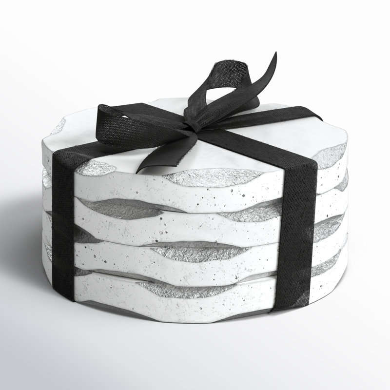 Edica Marquise Raw Edge Marble Coaster Set, White/Silver