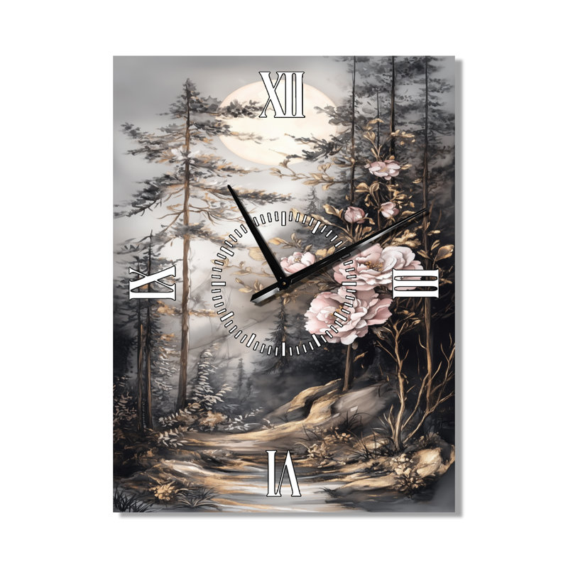 Horloge murale silencieuse en métal « Pins givrés et clair de lune II », H 32 po x l 24 po - Rectangle