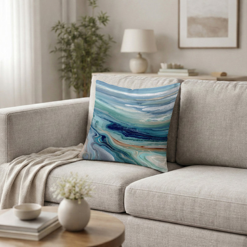 Coussin décoratif imprimé à motif de rivière liquide abstrait vert et bleu - Coussin décoratif côtier, H 16 po x l 16 po