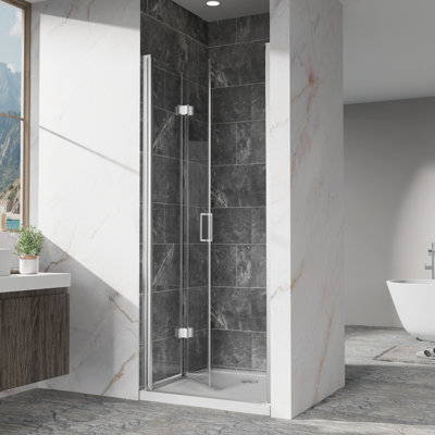 Porte de douche pivotante à deux volets pivotante pour petite salle de bain, réglage de 30 mm, poignée en alliage de zinc robuste et verre trempé transparent de 1/4 po de 6 mm avec cadre en aluminium, ouverture réversible, silencieux