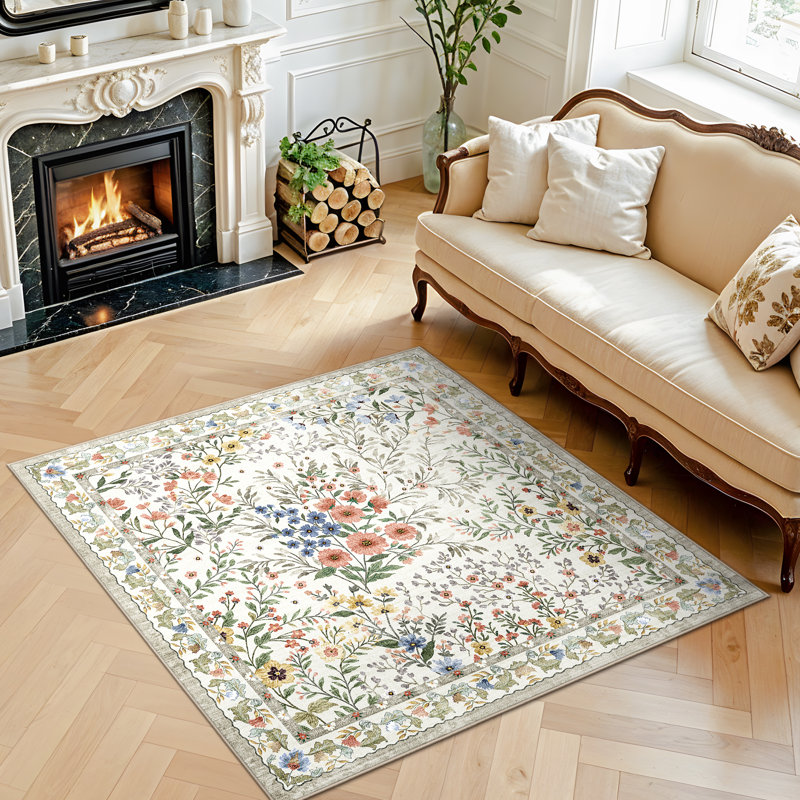 Tapis lavables à motif floral (120 x 100 cm) : Tapis imprimé floral bohème mignon, antidérapant, à poils courts, idéal pour le salon, la chambre, la cuisine, le bureau, l'entrée, le couloir ou une pièce de style champêtre.