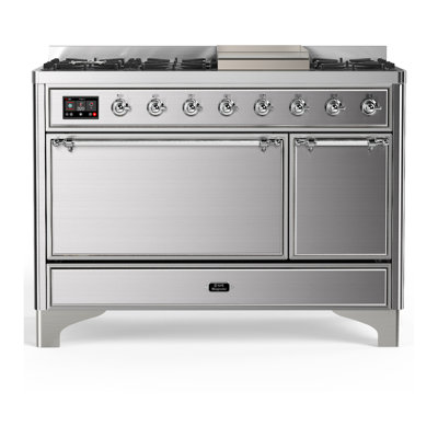 Cuisinière à double combustible de 48 pouces avec 5 brûleurs scellés, plaque chauffante et plateau français en acier inoxydable (propane liquide, garniture chromée) Majestic III Series