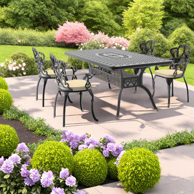 Elegant 5-piece Cast Aluminum Patio Dining Set, Black Frame, Off-white Cushions For Outdoor Relaxation