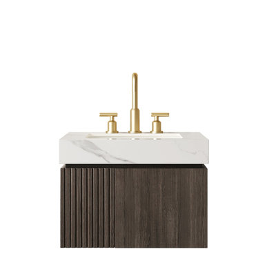 24" Bathroom Vanity&Sink, Floating Plywood Storage Cabinet with 2 Doors, Carrara White Sintered Stone Top&Ceramic Basin with 3 Pre-drilled Faucet Holes, Pre-assembled