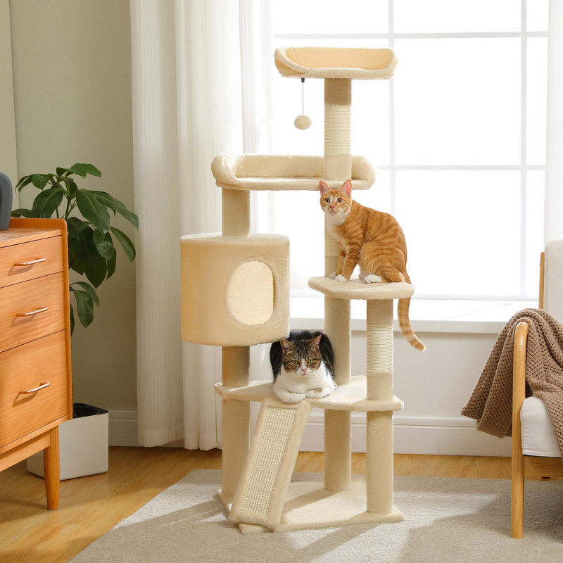 Tour d'escalade à plusieurs niveaux avec condo pour chat, arbre à chat avec planche à gratter, Beige