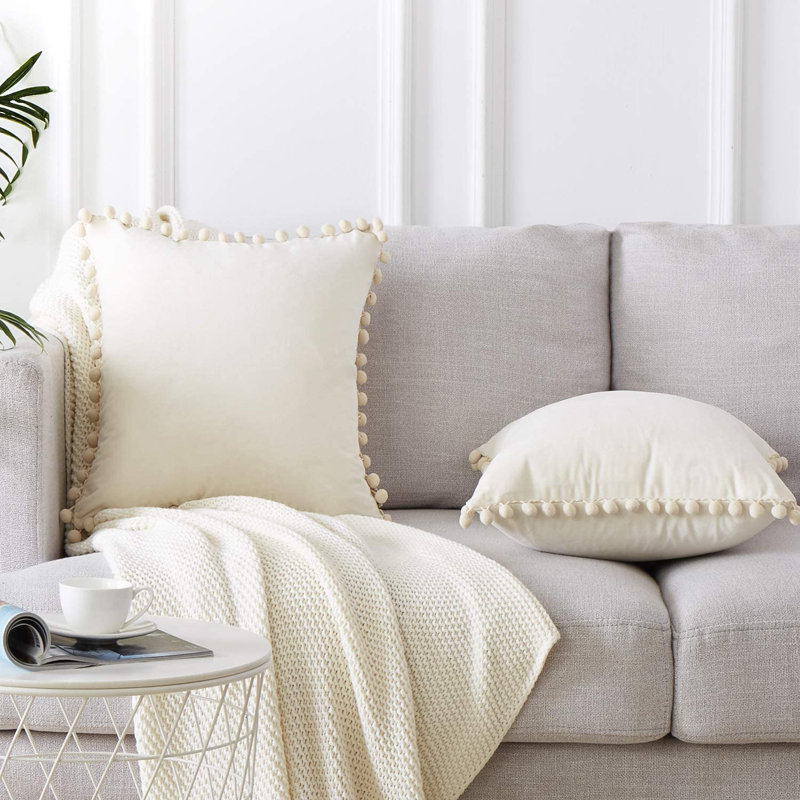 Cream Velvet Throw Pillow Covers with Pom-poms, 22x22 Inch, Set of 2