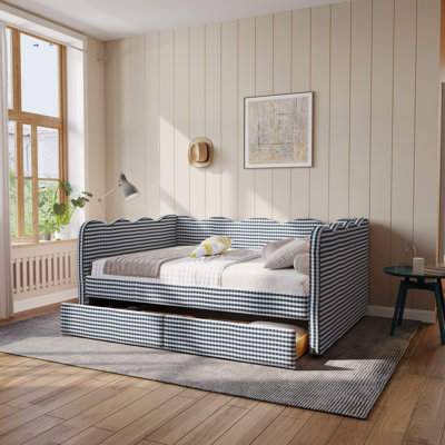 Gingham Daybed With 2 Storage Drawers And Usb Port, Wave-Shaped Design