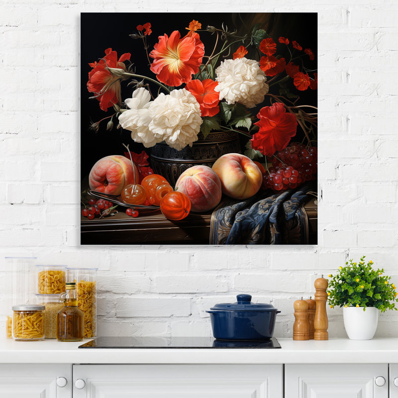 Peinture renaissance d'un fruits et de fleurs - Art mural fruits, H 16 po x l 16 po x P 1 po
