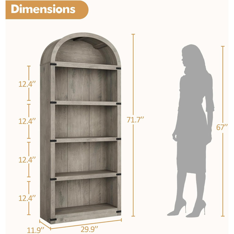 Bookcase Arched Bookshelf 71.65In Tall Bookcase Farmhouse Display Storage Rack, Gray