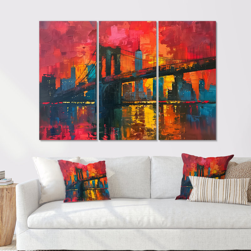Red Blue Brooklyn Bridge Nyc - Bridges Wall Art Set, Sans cadre, H 32 po x l 48 po