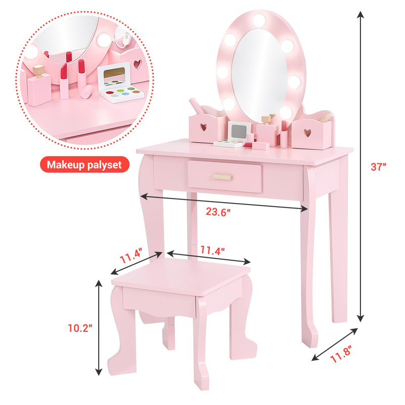 Kids Vanity with Lighted Mirror Toddler Vanity Table and Chair Set Girls Makeup Playset, Pink
