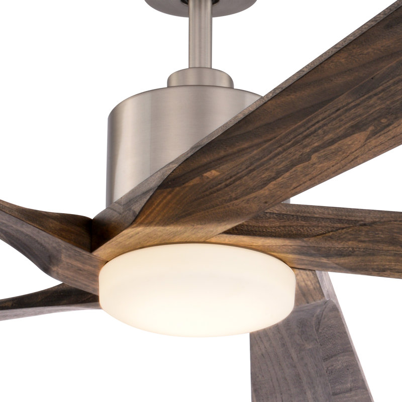  Wedgewood 60 in. Satin Nickel Indoor Rod Mount Contemporary Ceiling Fan with Natural Walnut Blades, Integrated LED Light Kit and Remote Control Included, 6 Speed Energy Efficient DC Motor