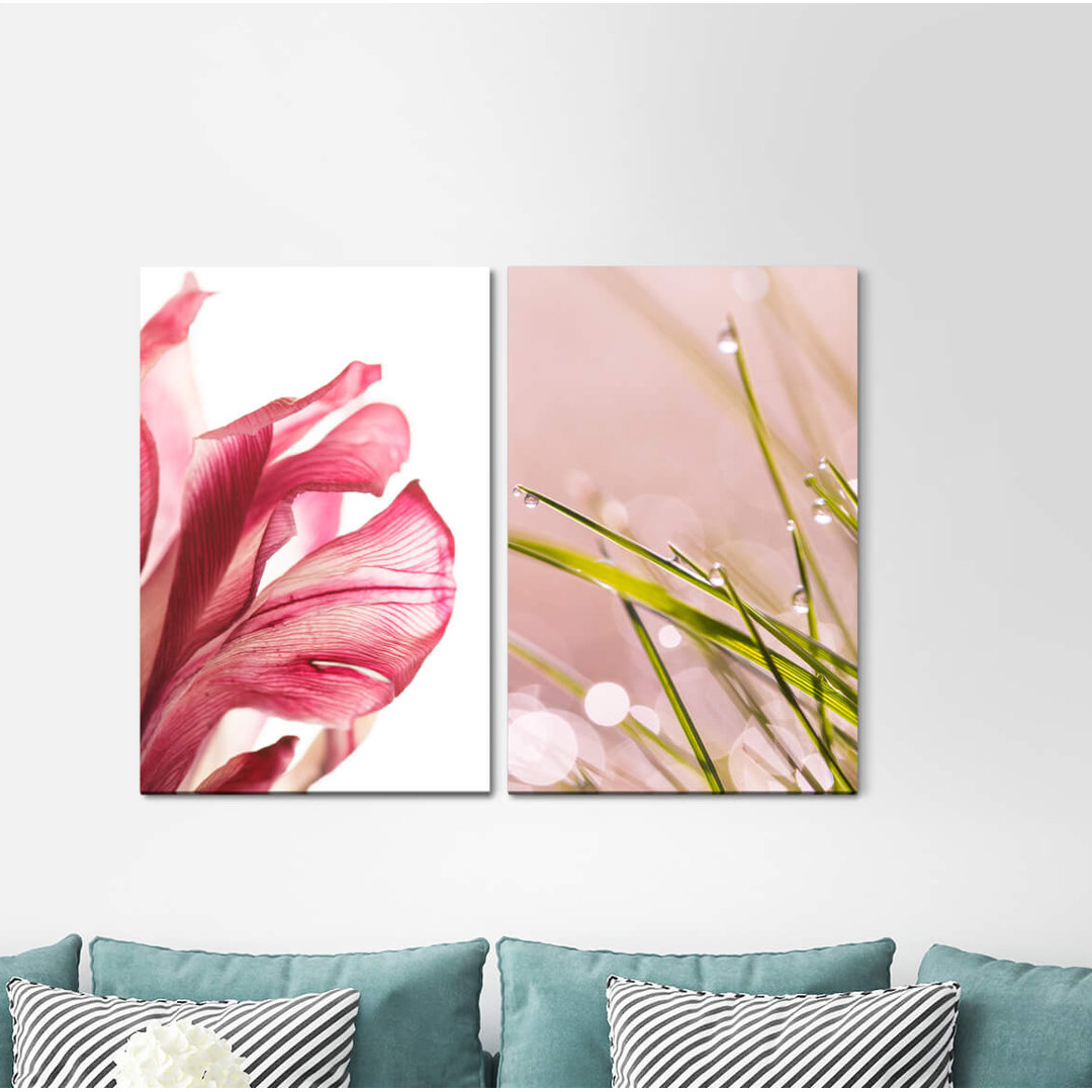 2-tlg. Leinwandbilder-Set - Fotografie „Blossom Blades of Grass Water Dropsclose-Up Pink”