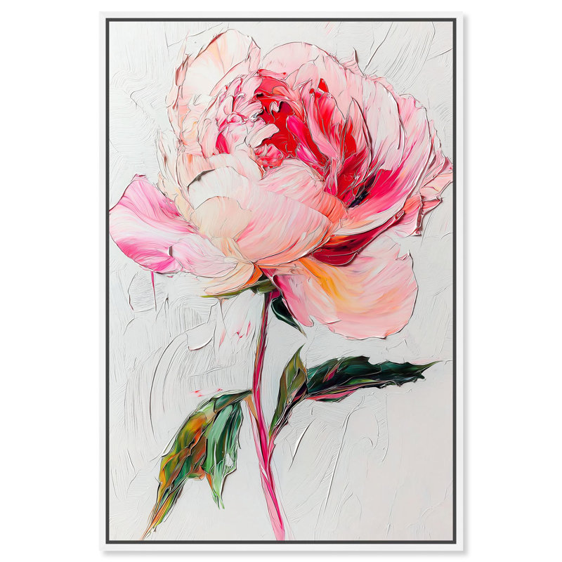 Art floral rose pastel sur toile rose, Cadre blanc, H 31 po x l 21 po