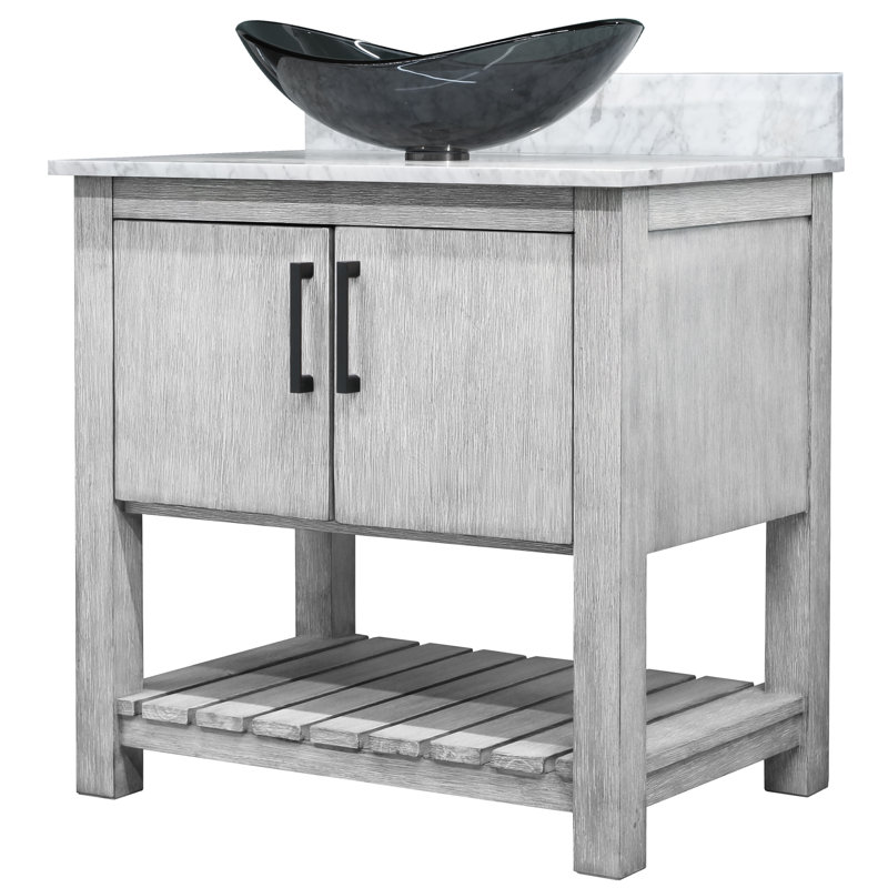 Meuble-lavabo de 30 po avec comptoir en marbre de Carrare, lavabo en verre et quincaillerie noir mat, Noir mat