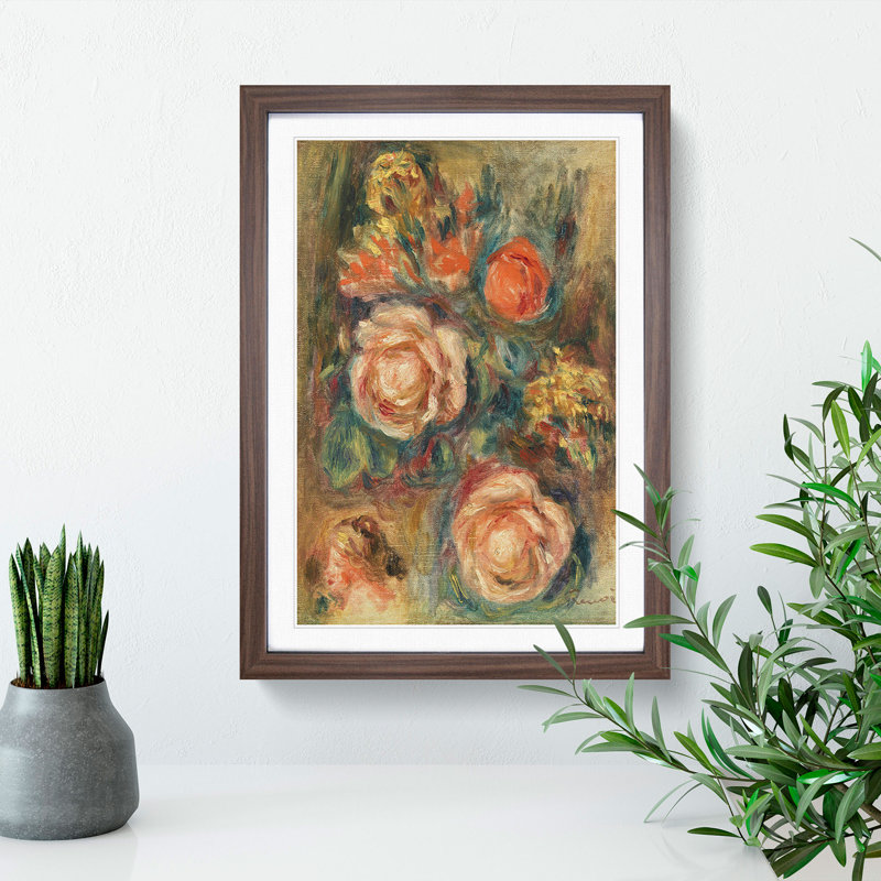 Bouquet of Roses by Pierre-Auguste Renoir - Picture Frame Painting, 36cm H x 27cm W x 2cm D, Walnut