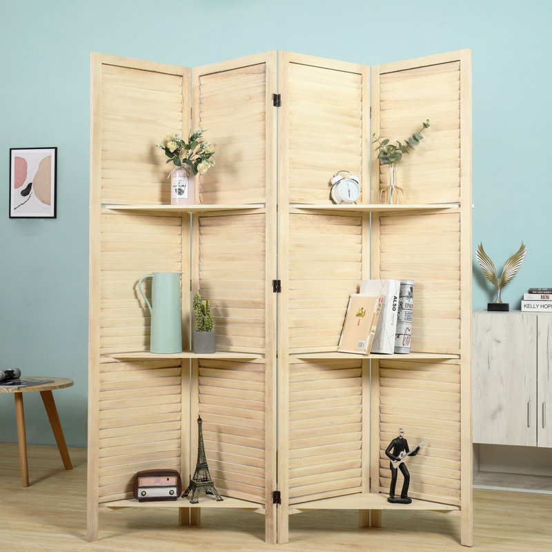Ventimiglia Rustic Shutter 4-panel Room Divider W/ Shelve, Natural, 68'' W x 70'' H
