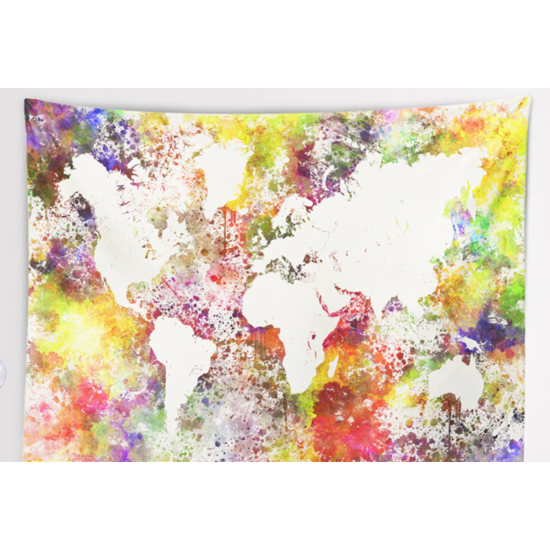 Carte du monde en tapisserie de grandes couleurs, H 78 po x l 92 po