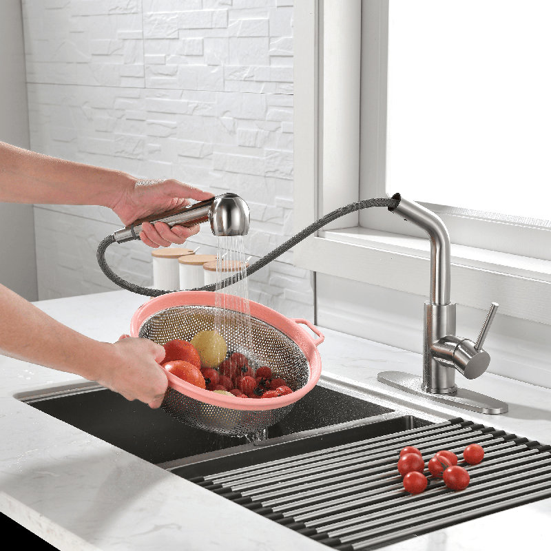 Robinet d'évier de cuisine à poignée simple extractible, Nickel brossé
