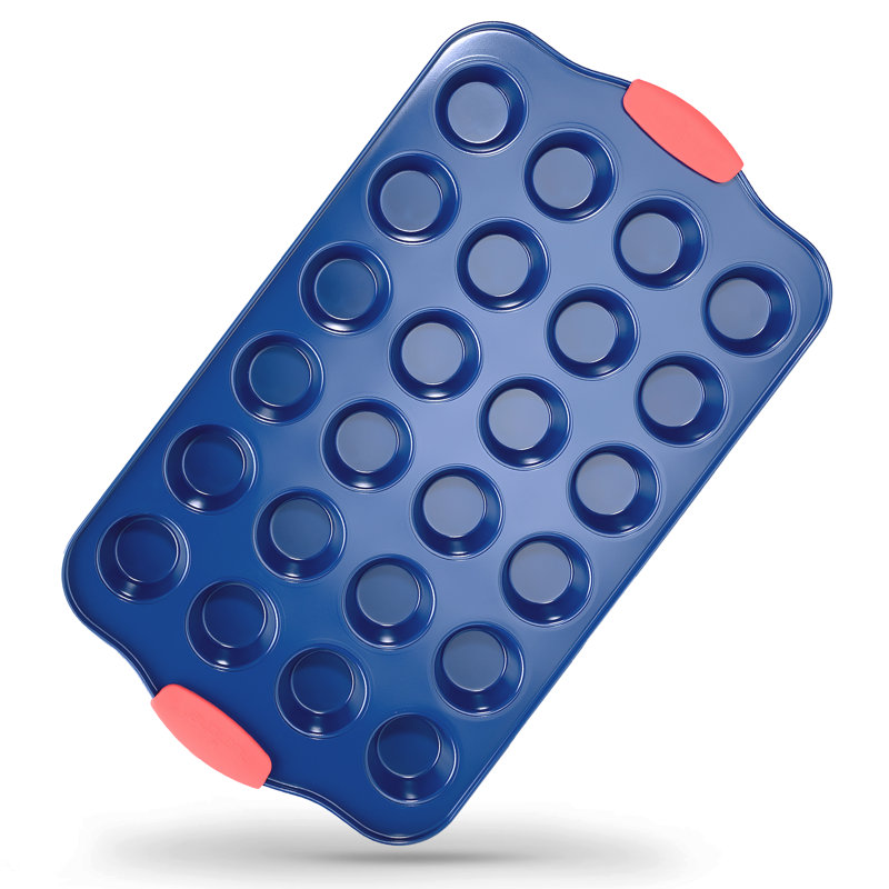 NutriChef 24 Cup Blue Non-Stick Carbon Steel Muffin Pan with Red Silicone Handles