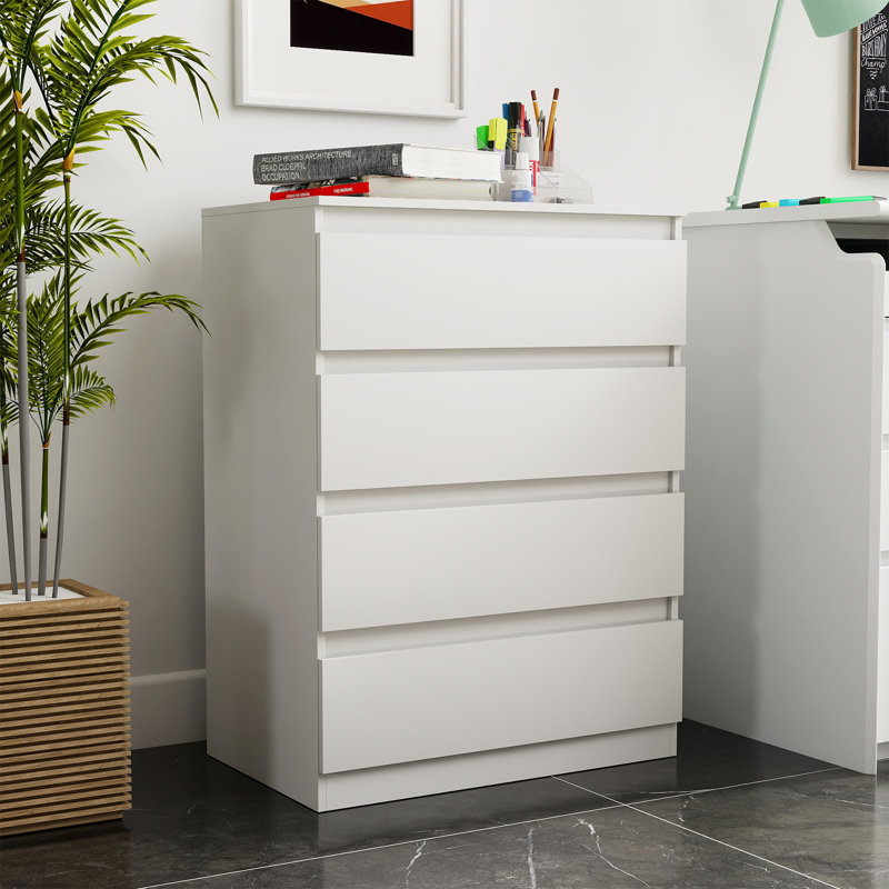 White 4-drawer Handle-free Dresser - Modern Wooden Tall Nightstand For Bedroom