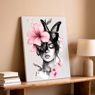 Woman Face Portrait with Pink Flowers Black Butterflies Floral Canvas Wall Art Print, Black Pink Floral Decorative Artwork for Home Decor, Bedroom, Living Room, Office, Gallery Wall Accent