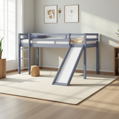 Lit simple mezzanine bas avec glissade, échelle, barrières de sécurité, lit mezzanine simple en bois d'hévéa