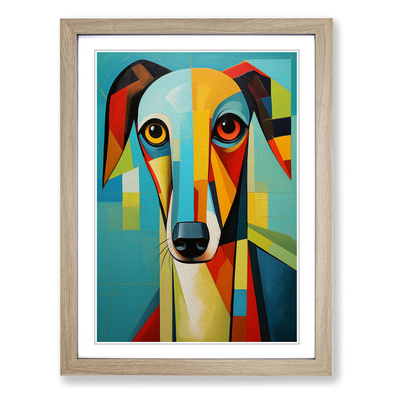 XYZ-FRM-V1223-1676 Whippet Constructivism No.2 - Single Picture Frame Print on Wood, Oak, 64cm H x 46cm W x 2cm D