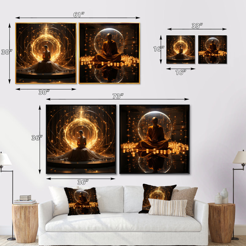 Enlightenment Glow - bouddhisme carré ensemble de 2 collages, H 36 po x l 73 po, Toile tendue