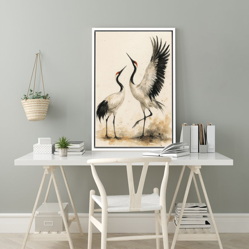 «Dancing Red-Crowned Cranes Nature Scene», reproduction d'art sur toile encadrée, H 24 po x l 16 po x P 1,5 po