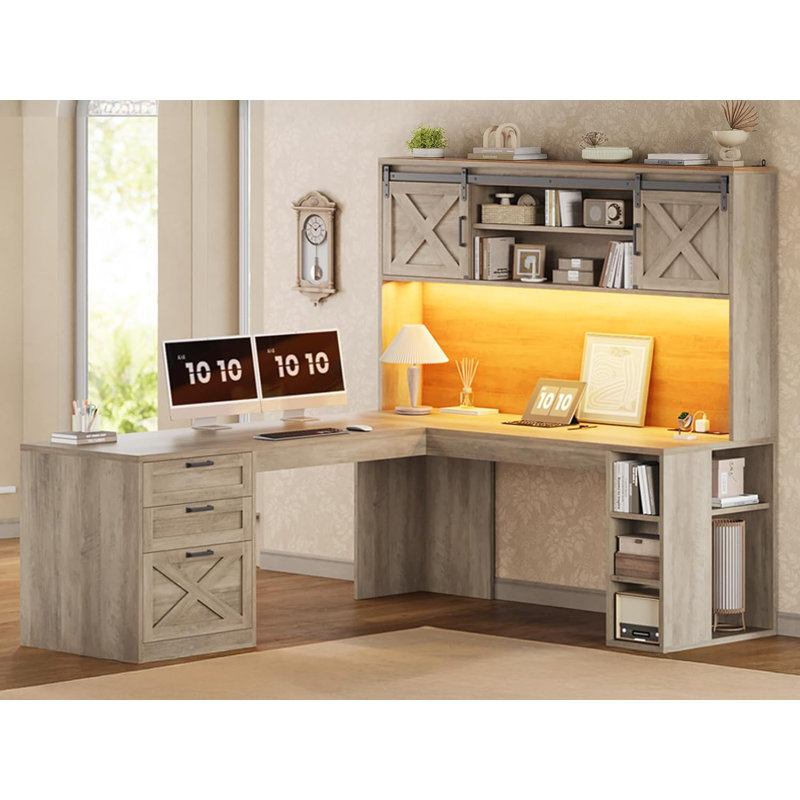 L Shaped Computer Desk, 67" Farmhouse Home Office Desks with Drawers, Gray