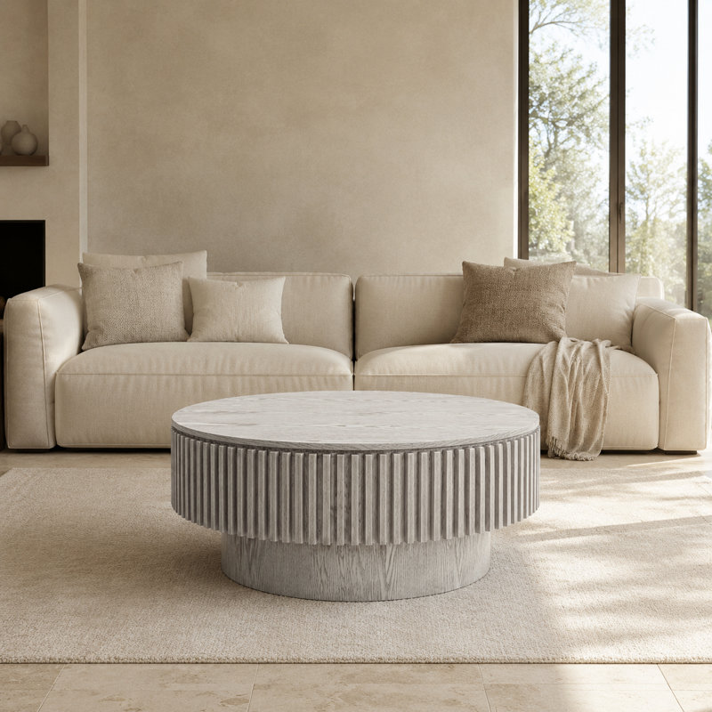 Table basse ronde avec rangement caché, table de thé d'appoint moderne en placage de bois massif, table de centre cannelée en forme de champignon